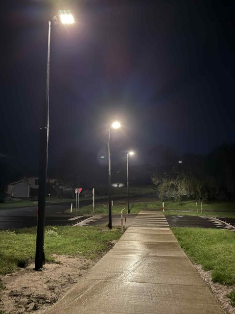 Plusrite solar street lights illuminating the raised pedestrian crossing in Wonthaggi at night