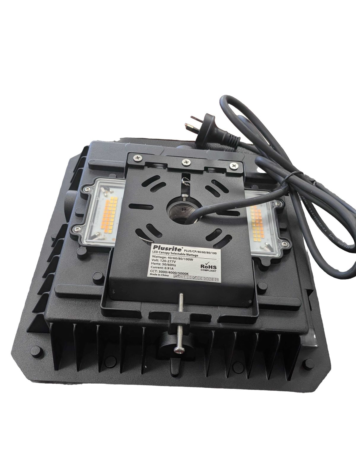 Selectable LED Canopy Light 40W to 100W | PLUS/CP/40/60/80/100 4 Rear of the Plusrite LED canopy light showing the driver and mounting plate